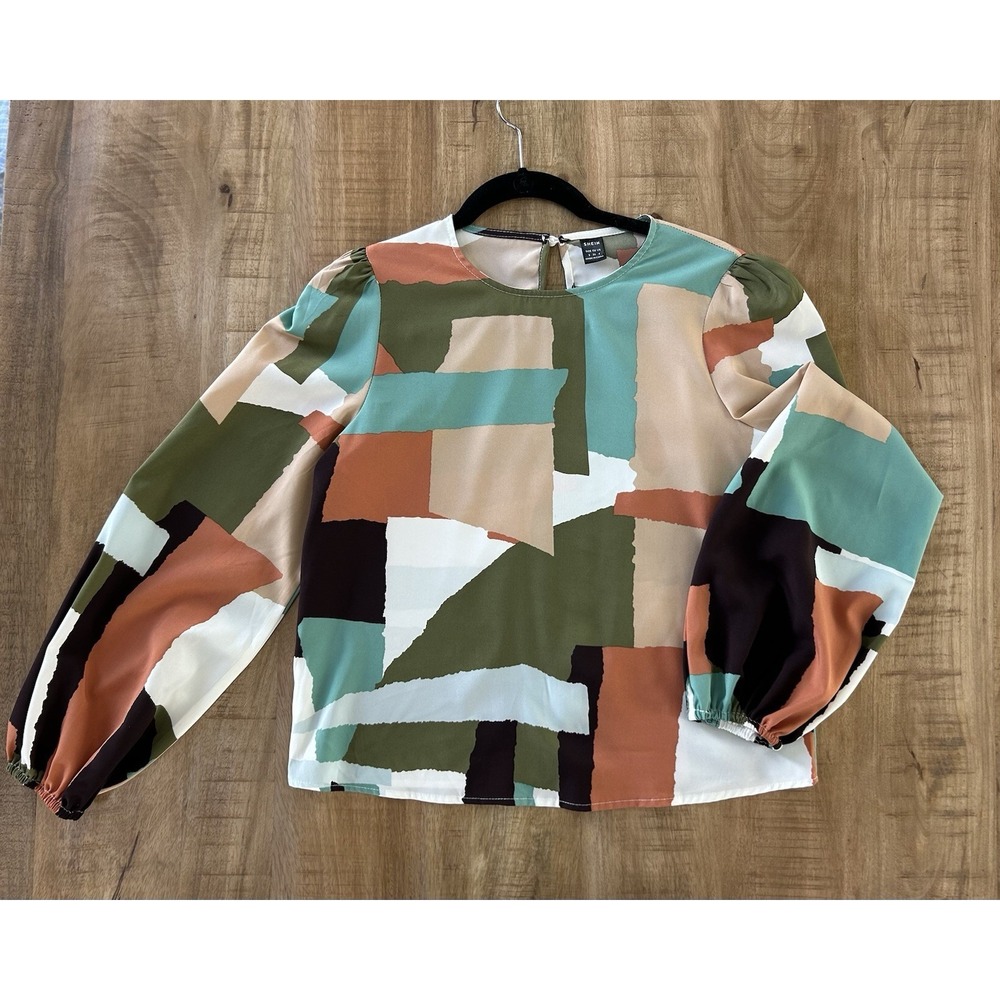 Womens Dressy Casual Top Small Orange Mint Green Colorblock Bishop Sleeve Blouse